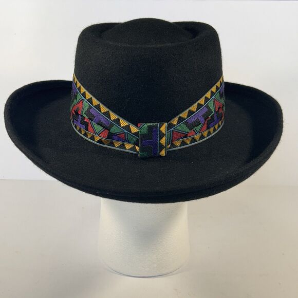 VTG Wool Fedora Hat Black Southwest Tribal Aztec Banded One Size Unisex USA Made - Picture 3 of 12